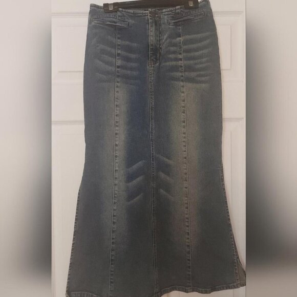 Y2K Denim Maxi Skirt Mermaid Trumpet Slit 90s Streetwear Revival - Picture 7 of 15